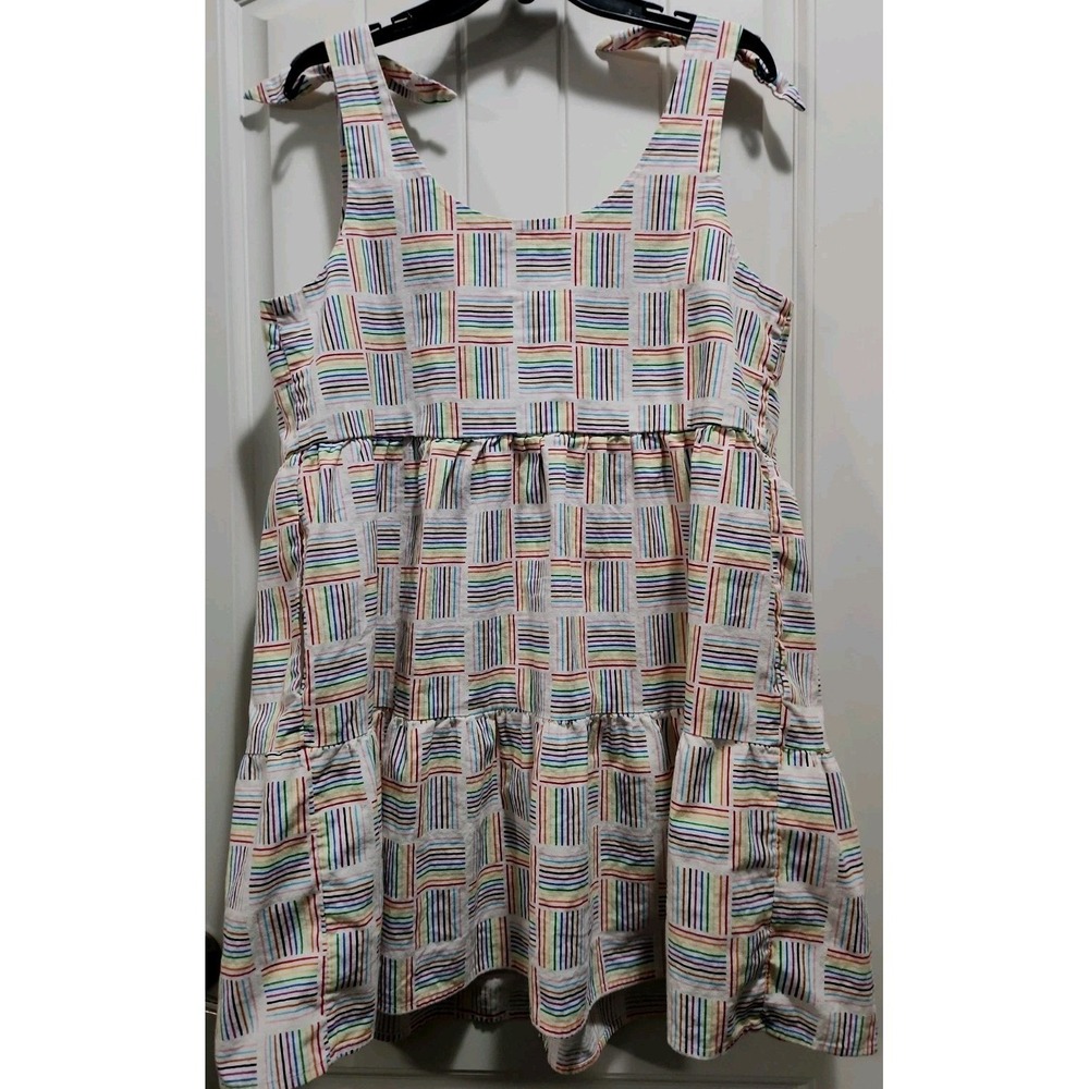 Rainbow Striped Linen Blend Tiered Mini Dress Pockets Sleeveless Tie Strap L - Picture 2 of 8